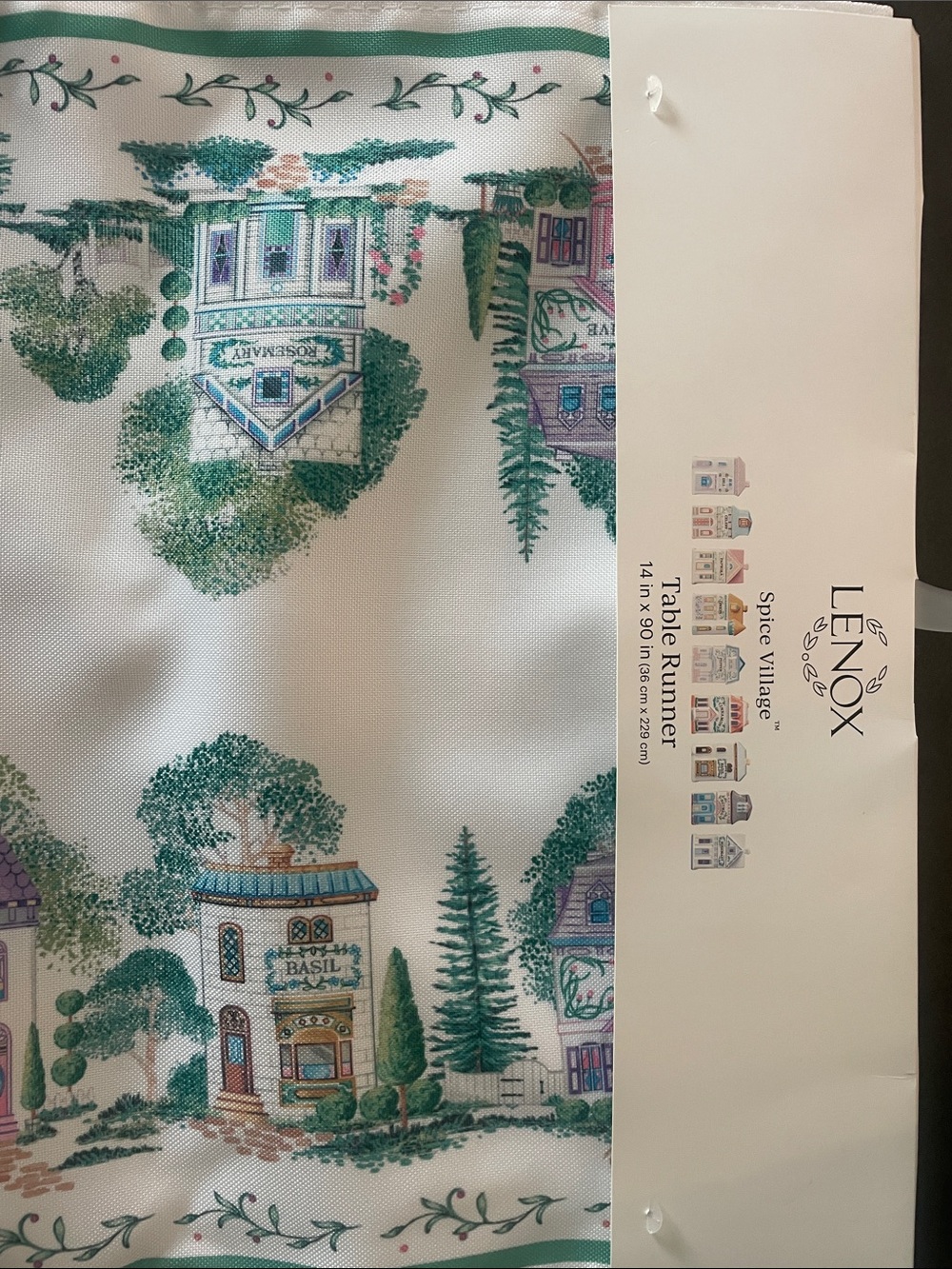 Lenox Spice Village Table Runner in Green and Purple 14 X 90